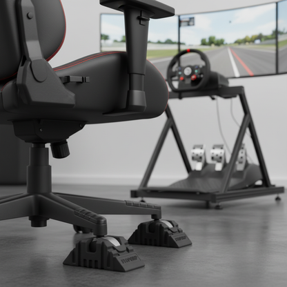 RigLock wheel stoppers under gaming chair in sim racing setup